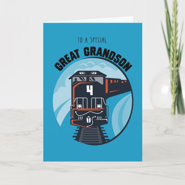 Great Grandson 4th Birthday Train, Little Boy, Blu Card (Front)
