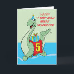 Great Grandson, 5th Birthday Dinosaur Card<br><div class="desc">Now that your great grandson’s 5th birthday celebration is just around the corner then you should be getting your hands on this card already. The cover shows a gigantic dinosaur running with a birthday gift on his back. This card is definitely right for him.</div>