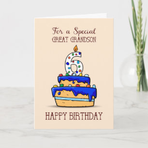 Great Grandson 6th Birthday, 6 on Sweet Blue Cake Card