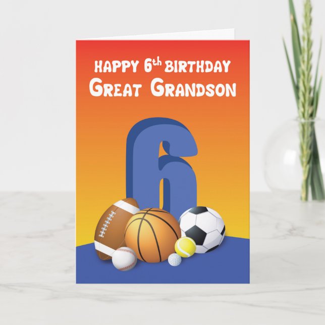 Great Grandson 6th Birthday Sports Balls Card (Front)