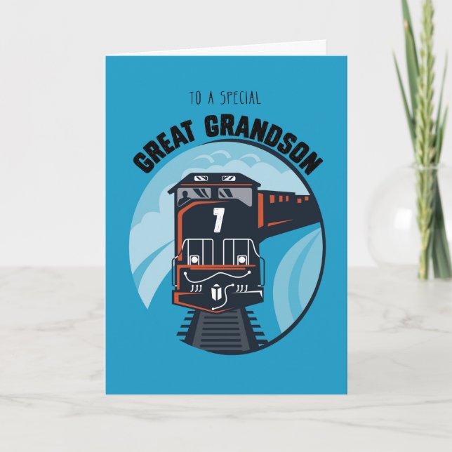 Great Grandson 7th Birthday Train, Little Boy, Blu Card (Front)