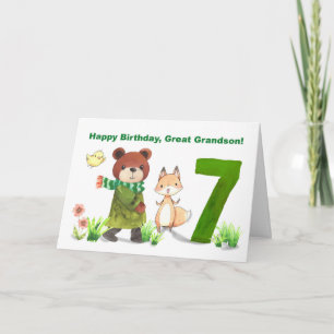 Great Grandson 7th Birthday Watercolor Bear Fox Card