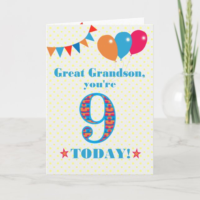 Great Grandson 9th Birthday Bunting Balloons Card (Front)