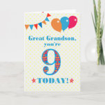 Great Grandson 9th Birthday Bunting Balloons Card<br><div class="desc">A colourful birthday card for a 9-year-old great grandson, with the large number 9 filled with an orange, red and blue pattern, outlined in bright blue. There are balloons and bunting at the top, in matching colours and the front cover greeting is, 'Great grandson, you're 9 today!' in bright blue...</div>