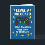 Great Grandson 9th Birthday Game Controller Age 9 Card<br><div class="desc">Send birthday power-ups to your game-loving great grandson! This playful design features “Level 9 Unlocked” in bold white lettering, paired with a cool video game controller and bright lightning bolts. The electric blue background gives the card a pop of energy—perfect for a 9-year-old with big dreams and a love of...</div>