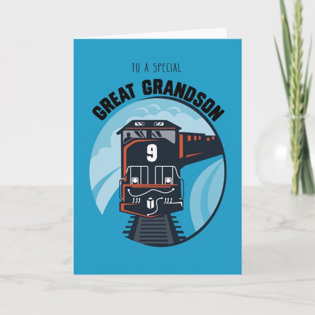 Great Grandson 9th Birthday Train, Little Boy, Blu Card (Front)
