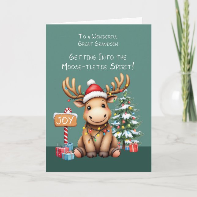 Great Grandson Adorable Funny Moose Christmas Card (Front)