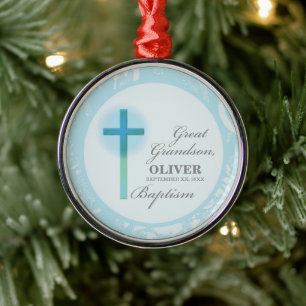 Great Grandson Baptism Blue Lace Personalised Metal Tree Decoration