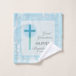 Great Grandson Baptism Blue Lace Personalised Wash Cloth