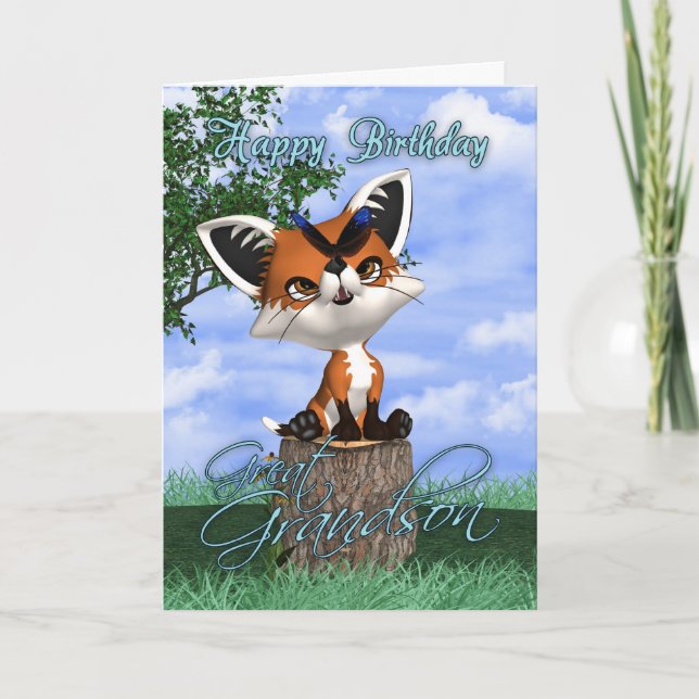 Great Grandson Birthday Card With Cute Fox And But (Front)
