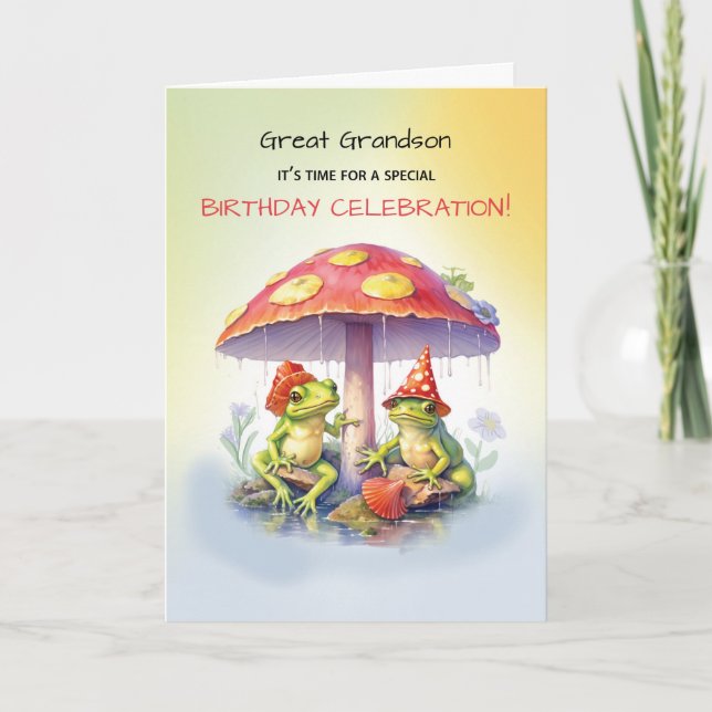 Great Grandson Birthday Cute Frogs Under Mushrooms Card (Front)