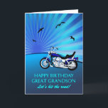 Great Grandson Birthday Motorbike Sunset Card<br><div class="desc">Happy birthday great grandson card with a motorbike. A perfect card for a biker. A blue motorbike with a stylised sunset and flying birds. Any bike enthusiast will love to get a card like this.</div>
