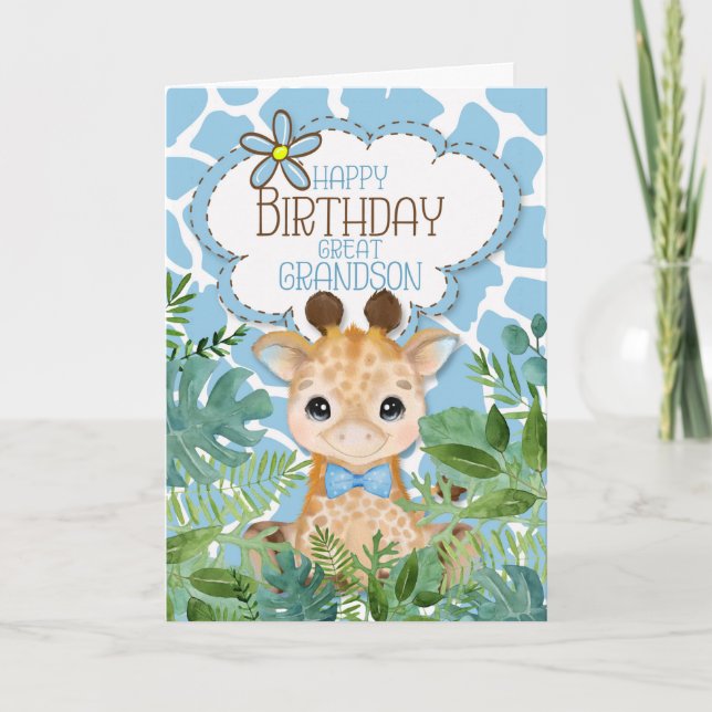 Great Grandson Blue Jungle Giraffe Themed Birthday Card (Front)