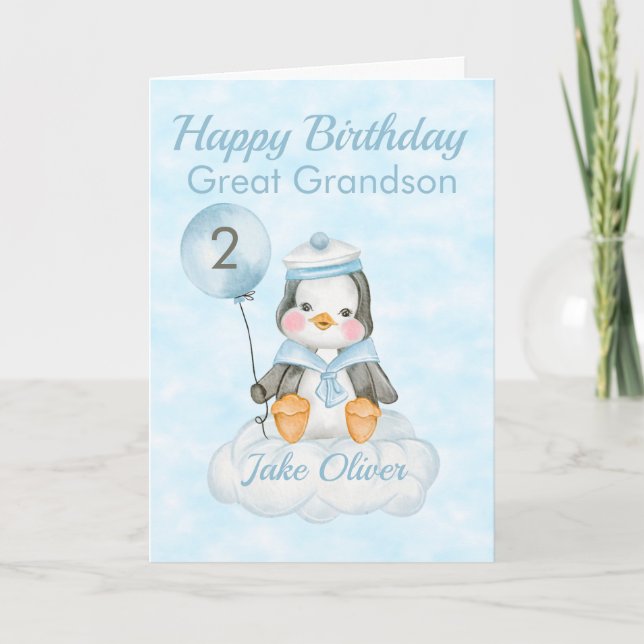 Great Grandson Blue Penguin 2nd Birthday Card (Front)