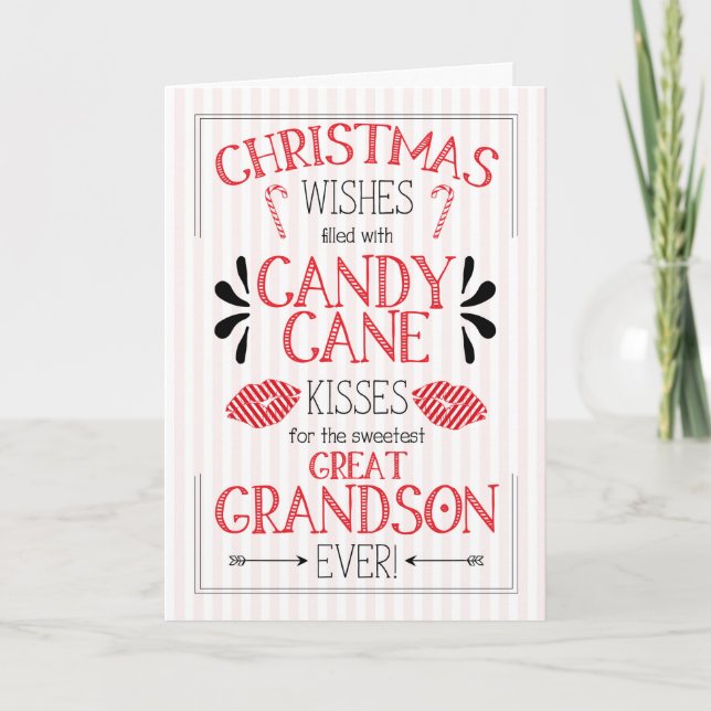 Great Grandson Candy Cane Kisses Christmas Wishes Holiday Card (Front)