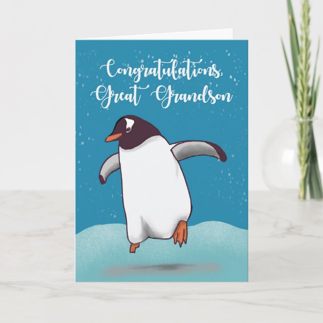 Great Grandson Congratulations Penguin Jumping Joy Card (Front)