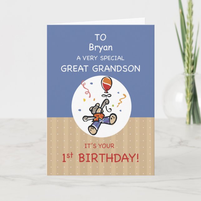 Great Grandson Custom Name 1st Teddy Bear Balloon Card (Front)