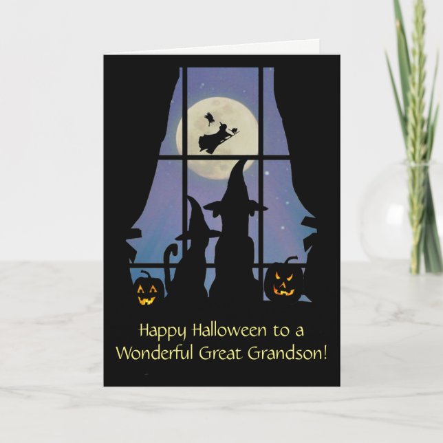 Great Grandson Cute Happy Halloween Dog and Cat Card (Front)
