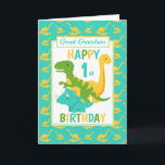 Great Grandson Dinosaur 1st Birthday Blue Card<br><div class="desc">A fun 1st birthday card. This bright first birthday card features a cartoon green T-Rex dinosaur, a yellow Brontosaurus and a blue Triceratops, set on a blue and yellow dinosaur background A lovely cute design for your great Grandson or Great Nephew boy who will be one years old. The birthday...</div>