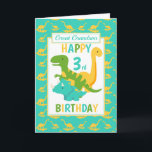 Great Grandson Dinosaur 3rd Birthday Blue Card<br><div class="desc">A fun 3rd birthday card for your great grandson. This bright third birthday card features a cartoon green T-Rex dinosaur, a yellow Brontosaurus and a blue Triceratops, set on a blue and yellow dinosaur background A lovely cute design for a little boy who will be three years old. The birthday...</div>