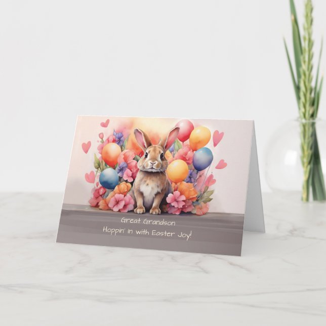 Great Grandson Easter Rabbit Amid Flowers Balloons Card (Front)