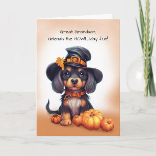 Great Grandson Halloween Black Dog Wearing Hat Card