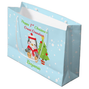 Great Grandson Happy 1st Christmas Penguin   Large Gift Bag