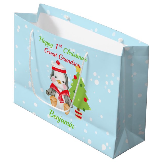 Great Grandson Happy 1st Christmas Penguin   Large Gift Bag (Front Angled)