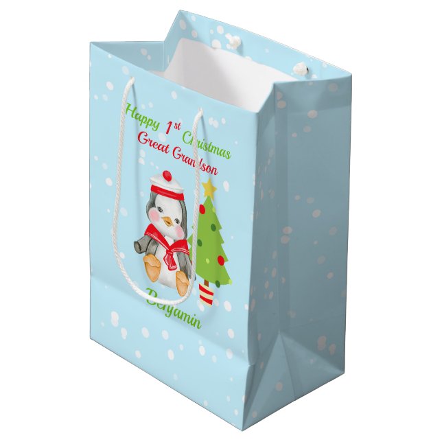 Great Grandson Happy 1st Christmas Penguin Medium Gift Bag (Front Angled)