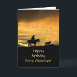Great Grandson Happy Birthday Cowboy and Horse Card<br><div class="desc">Great grandson happy birthday card western style! A cowboy rides his horse in a southwestern sunset driving a steer home on his horse.  A cool message inside too!</div>