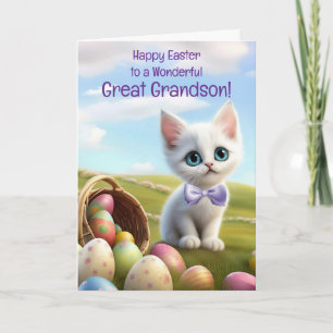 Great Grandson Happy Easter with Cute White Kitten Card