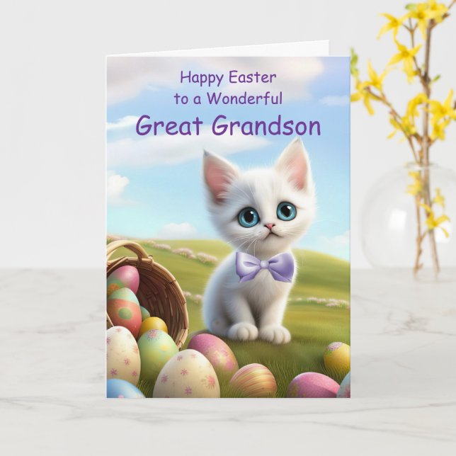 Great Grandson Happy Easter with Cute White Kitten Card (Yellow Flower)