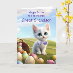 Great Grandson Happy Easter with Cute White Kitten Card
