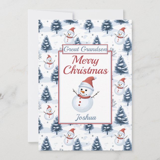 Great Grandson Merry Christmas Snowman Flat Holiday Card (Front)