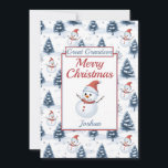 Great Grandson Merry Christmas Snowman Flat Holiday Card<br><div class="desc">A lovely great grandson Flat Christmas card. Design pattern features cute snowmen wearing red santa hats and scarfs and blue snow covered fir trees all on a snowy background. All text can be amended as needed to customise - change great grandson to grandson, nephew , son or brother, then personalise...</div>