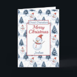 Great Grandson Merry Christmas Snowman Holiday Card<br><div class="desc">A lovely great grandson Christmas card. Design pattern features cute snowmen wearing red santa hats and scarfs and blue snow covered fir trees all on a snowy background. All text can be amended as needed to customise - change great grandson to grandson, nephew , son or brother, then personalise with...</div>