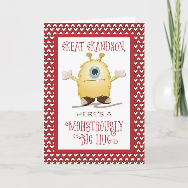Great Grandson Monster Hug Valentine Hearts Holiday Card (Front)