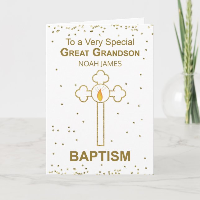 Great Grandson Personalised Name Baptism Gold Look Card (Front)