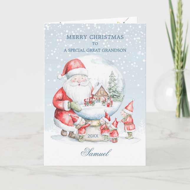 Great Grandson Snow Globe Santa Elf Christmas Holiday Card (Front)