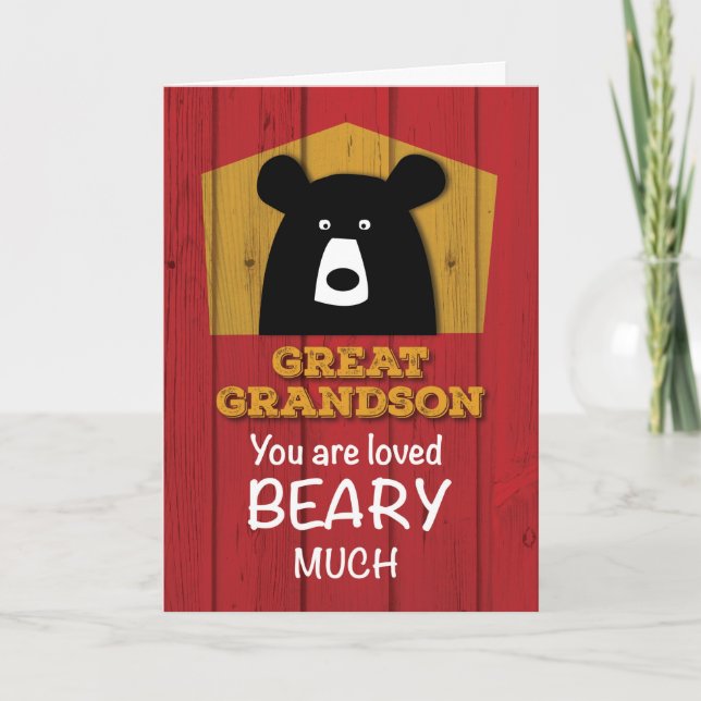 Great Grandson, Valentine Bear Wishes on Red Wood Holiday Card (Front)
