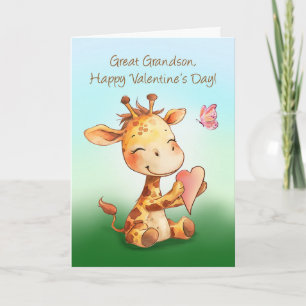 Great Grandson Valentine Cute Happy Giraffe Heart Card