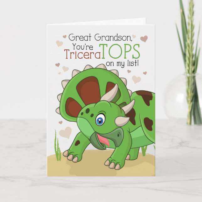 Great Grandson Valentine TriceraTOPS Dinosaur Holiday Card (Front)