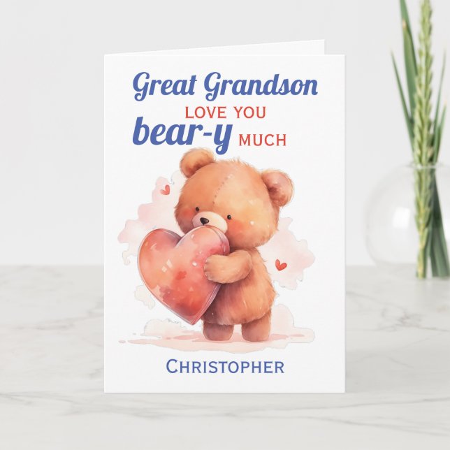 Great Grandson Valentines Day Teddy Bear Heart Card (Front)