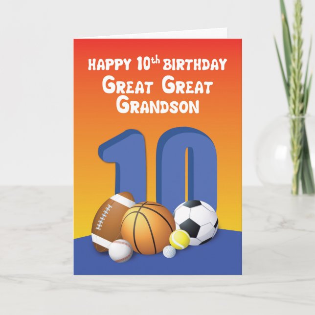 Great Great Grandson 10th Birthday Sports Balls Card (Front)