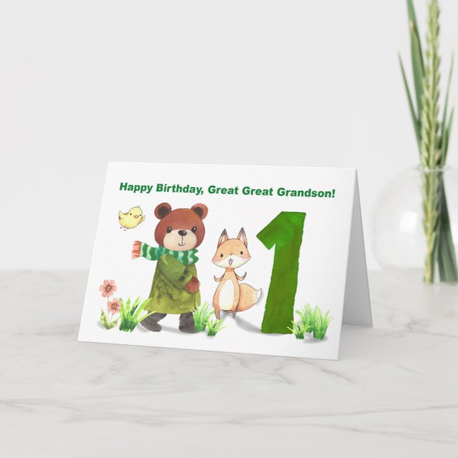 Great Great Grandson 1st Birthday Bear and Fox Card (Front)