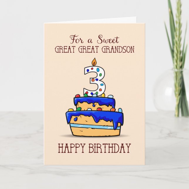Great Great Grandson 3rd Birthday, Sweet Blue Cake Card (Front)