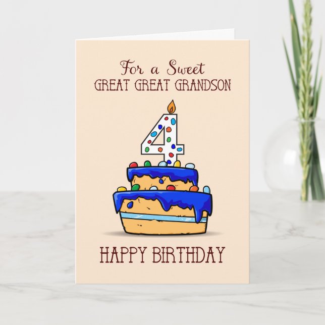 Great Great Grandson 4th Birthday, Sweet Blue Cake Card (Front)