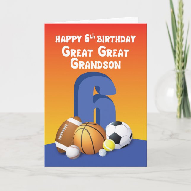 Great Great Grandson 6th Birthday Sports Balls Card (Front)