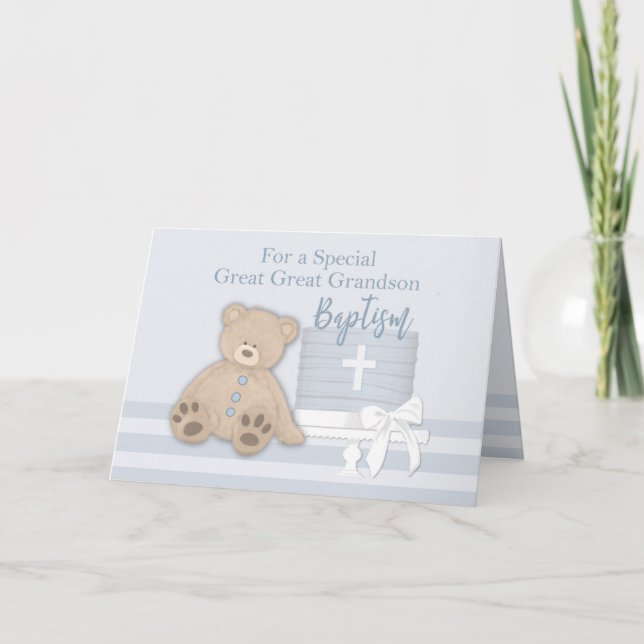 Great Great Grandson Blue Baptism Cake Teddy Bear Card (Front)