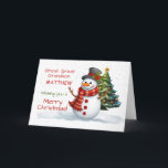 Great Great Grandson Cute Christmas Snowman Card<br><div class="desc">This charming Christmas card features a joyful snowman wearing a black hat adorned with holly and a cosy red plaid scarf, standing in front of a beautifully decorated Christmas tree with a shining star on top. Soft snowflakes fall gently from the sky, adding to the festive atmosphere. A perfect card...</div>